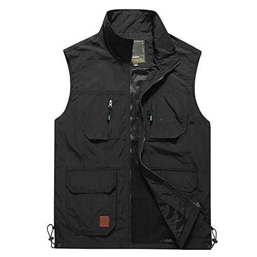 Chaleco De Hombre Multibolsillos para Pesca Sin Mangas Fotografía Casual Chaqueta De Viaje Transpirable Y Multifuncional para Senderismo,Negro,3XL Cover