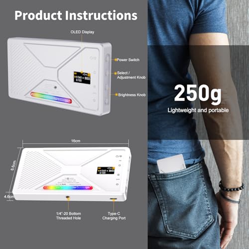 NA225 RGB Video Light,10W Portable Selfie LED Camera Light with 2500-9900K, 4000mAh Rechargeable Battery, CRI 96+, App Control for Studio Photography Vlogging Streaming Phone and Video (White) — view 5