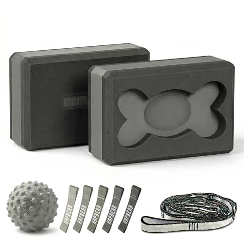 HAPBEAR Yoga block 2er Set 23×15×7 5 cm EVA Yogablocks Rutschfest & Leicht Ergonomisches Hohldesign Stabil für Pilates & Dehnübungen inkl. Gurt Band & Massageball - Schwarz/Grau