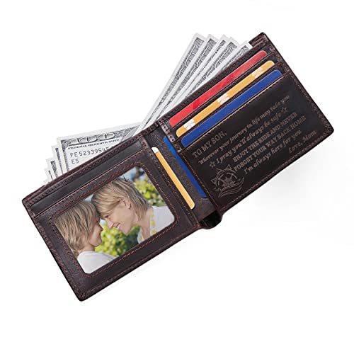 Personalized Engraved Leather Wallet for Son from Mom Mother - Christmas Birthday Graduation Wedding Gift - I'm Always Here for You - Mens Custom Love Message Bifold Wallets for Him3