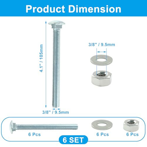 Image of 6 Sets 3 /8-16 x 4 Inch Carriage Bolt Kit, Carbon Steel Carriage Bolts Galvanized Carriage Bolt Assortment, Round Head Carriage Screws with Hex Nuts and Flat Washers Full Thread Coverage