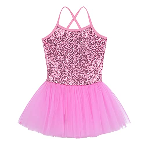 TiaoBug Girls Sequins Camisole Ballet Dance Tutu Dress Gymnastics Leotard Lyrical Dance Dress Performance Dancewear Pink Tutu 6-7