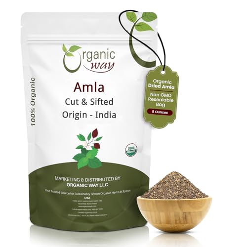 Organic Way Dried Amla/Indian Gooseberry Cut & Sifted (Phyllanthus emblica) - Organic & Kosher Certified | Raw, Vegan, Non GMO & Gluten Free | USDA Certified | Origin - India (1/2LBS / 8Oz)