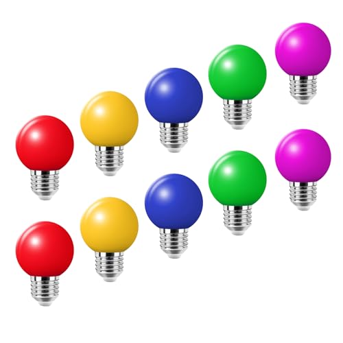 HUAMu 10Pack Colored Bulbs 2W E27 G45 Lighting Bulbs,LED Coloured Golf Ball Bulb Lamp,Mixed Colours Red Yellow Green Blue Purple