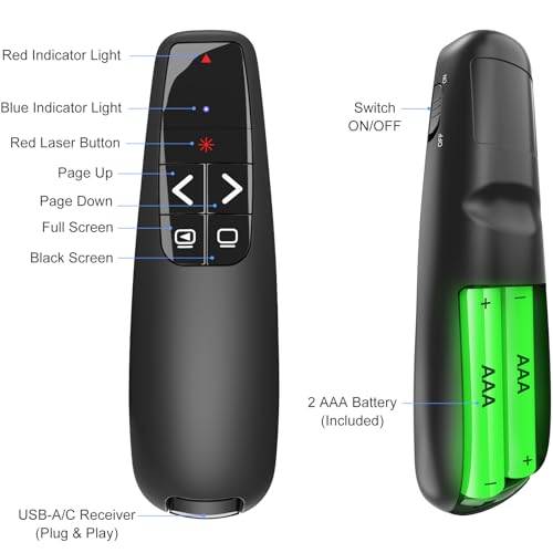 Clicker PowerPoint Apresentador remoto sem fio, ponteiro laser para cliques de computador, USB C A P