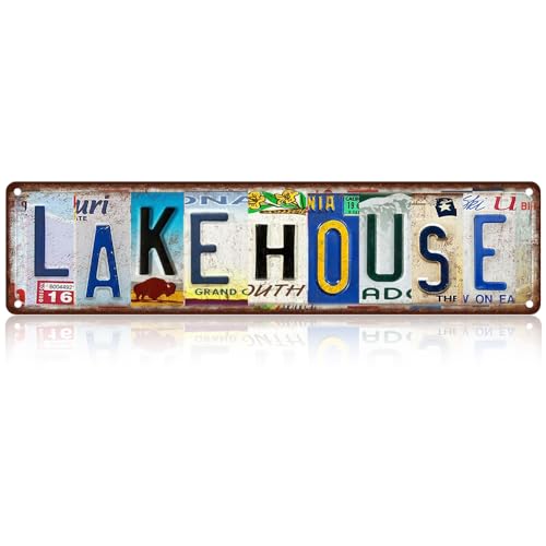 Vintage License Plate LAKE HOUSE Sign – 16x4 Inch Rustic Tin Wall Décor for Cabin, Cottage, Vacation Home, Patio or Waterfront Retreat