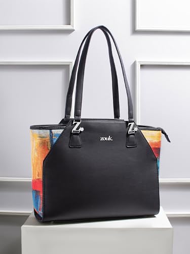 Image of ZOUK Printed Jute Handcrafted Vegan Leather Black Women's Check-point Friendly Classic Business Bag