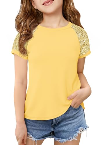 Image of Haloumoning Girls Sequin Short Sleeve T Shirts Kids Summer Crewneck Tops Fashion Tees 5-14 Years
