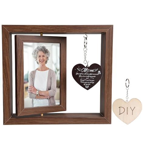 KARBRING Memorial Gifts for Loss of Mom Memorial Picture Frame Rotating Memory Frame with 2 Heart Pendants Wooden Bereavement Sympathy Gifts for Loss of Mother Fits 4x6 Inch Photo
