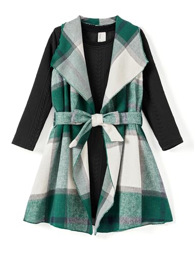 PATPAT Girls Fall Cardigan Dress Set – Ribbed Long Sleeve Dress with Removable Plaid Belted Outerwear, 18M-12Y