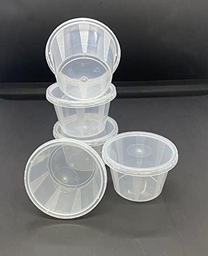 4oz Round Plastic Food Containers Lids Deli Pot or Sauce Take Away Chutney Ketchup Restaurant Jelly Shot & Dessert Cups Re-Usable (50 Pack)