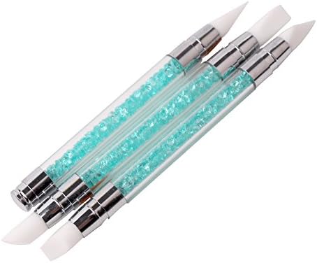 WOKOTO 3 Pcs Set 2 Ways Silicone Nail Art Acrylic Pen Brushes set Blue Rhinestones Design Sculpture Carving Brush For 3D Effect Shaping Drawing Dotting Tools