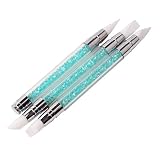 WOKOTO 3 Pcs Set 2 Ways Silicone Nail Art Acrylic Pen Brushes set Blue Rhinestones Design Sculpture