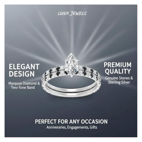 Image of Choose Your Gemstone Three Quarter Diamond CZ Gallery Bridal Ring Set 925 Sterling Silver Marquise Shape Wedding Ring Sets for WomenUS Size 4 to 12
