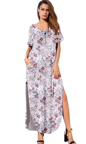 Image of GRECERELLE Women's Summer Maxi Dress Casual Loose V Neck Short Sleeve Side Split Long Dresses with Functional Pockets