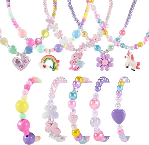 Faburo 10pcs Kids Jewelry for Girls -5 Necklaces 5 Bracelets Little Girls Jewelry Kids Mermaid Necklace for Girl Toddler Jewelrys Necklace Birthday Christmas Gift Age 3 4 6 8