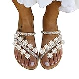 SKFLABOOF Damen Sandalen Sommer Boho Blumen-Perlen Riemchen Flip-Flops Open-Toe Riemchensandalen Lässig Elegante Vintage Sandaletten Sommersandaletten Casual Komfort Sandaletten