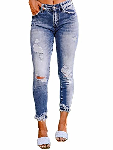 Flamingals Women’s Jeans Mid Waist Distressed Asymmetrical Raw Hem Crop Skinny Leg Mid Blue L #TOP26