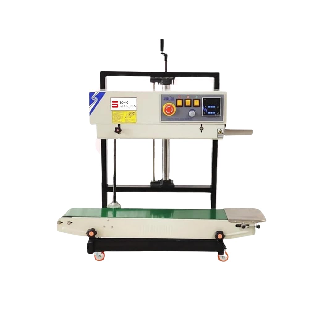 Sonic Industries 5KG Vertical Band Sealing Machine for Food Packets – Stainless Steel, 220V/110V, 0-12m/min Speed, 0-12mm Seal Width, Plastic Bag Sealer for Pouches, Covers, Packaging, and Vacuum Bags