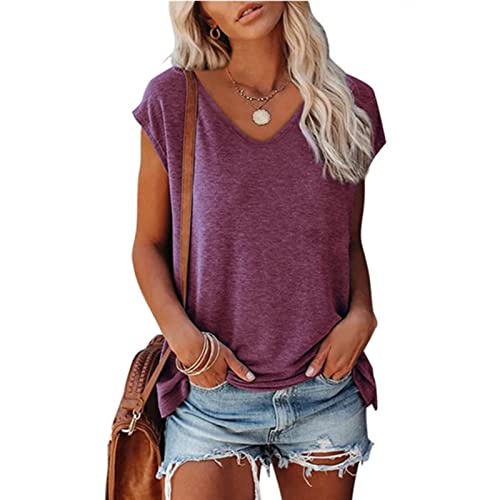 YFGEYS Lässiges schwarzes Tunika-Oberteil mit V-Ausschnitt, kurz für Damen, kurzärmelig, Rüschen, lockeres T-Shirt, Bluse für Leggings, Rot, Größe XXL Cover