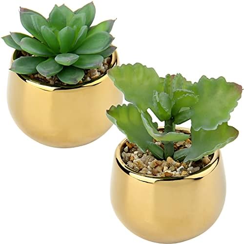 Briful 3 PCS Artificial Plants Fake Succulent Plants Artificial Succulents in Geometric Gold Ceramic Pots, Fake Succulent Indoor Plants for Home Office Bathroom Shelf Decor