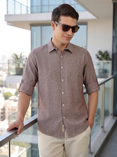 Image of Thomas Scott Men's | Solid | Premium Linen Blend | Spread Collar | Summer Wear | Long Sleeve | Shirts for Men