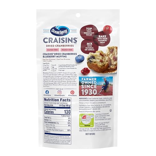 Image of Ocean Spray Craisins Blueberry, Dried Cranberries Infused with Blueberry Juice, Dried Fruit, 6 Oz Pouches, 12 Count