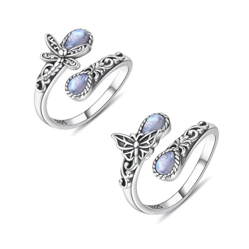 XFSRG Anillo mariposa mujer libélula ajustable estilo natural abierto vintage diseño artesanal plata con cristal azul joyas elegantes regalo anillo ajustable estilo bohemio