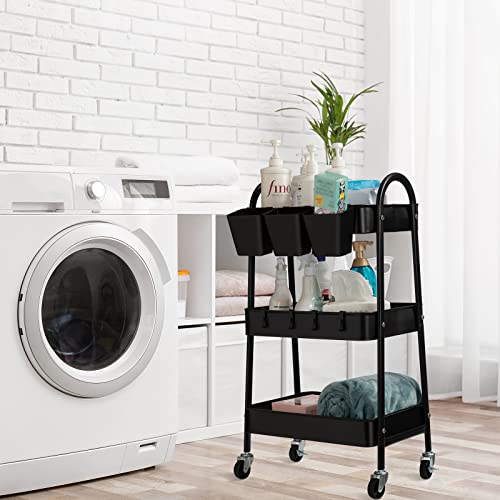 danpinera 3-Tier Rolling Cart, Metal Rolling Storage Cart with Lockable Wheels & Hanging Cups & Hooks, Mobile Trolley Cart for Kitchen, Bathroom, Office, Workshop, Black