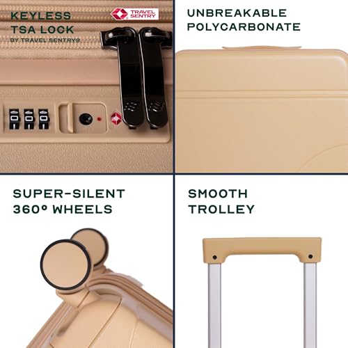 Image of Assembly Cabin Suitcase with8 Spinner Wheels & TSA Lock, Internal Laptop Pocket, Polycarbonate Hard Shell Carry On Luggage for Weekend Getaways, Beige, 20-Inch