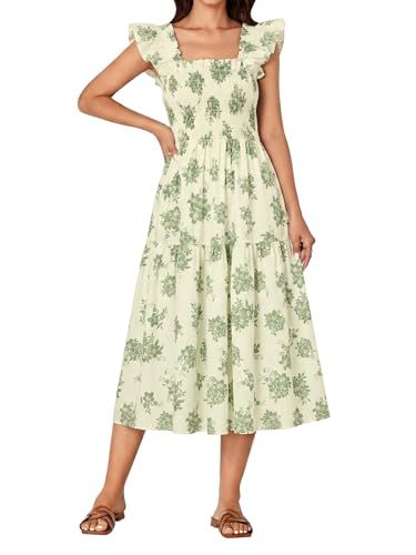 Image of Rooscier Women's A Line Smocked Midi Dress | Summer Sleeveless Square Neck Casual Sundress
