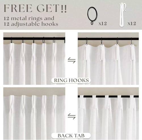 Image of Extra Wide Pinch Pleat Curtains 84 Inches Long for Patio Sliding Glass Door Ivory Linen 60 Inch Wide Curtain Memory Trained Pleated Drapes with Hooks Rings Semi Sheer 60x84 Curtain for Large Window