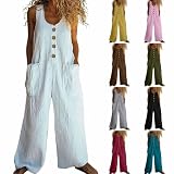 Overol de lino de verano para mujer, con botones, sin mangas, casual, con piernas anchas y holgadas, con bolsillos, blanco, XXL