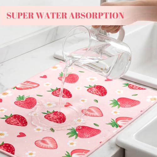 Image of Domensi 2 Pack Strawberry Microfiber Dish Drying Mat Absorbent Reusable Washable Extra Large Kitchen Counter Draining Mat Red Gingham Pad for Coffee Bar Kitchen Decor 18x24 Inch
