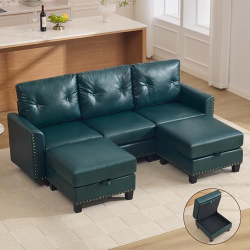 Image of 71 inch Faux Leather Modular Sectional 3 Seater Couch with 2 Storage Ottomans, Vintage PU Leather U Shaped Sofa with Nailhead Trim, Mid Century Modern Tufted Couches for Living Room, Office, Forest Green