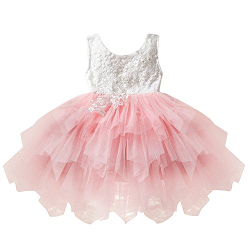 Little Girl Lace Flower Beaded Tutu Dress Sleeveless Backless Tiered Princess Wedding Bridesmaid Formal Birthday Party Dresses 18 Months 100 Pink