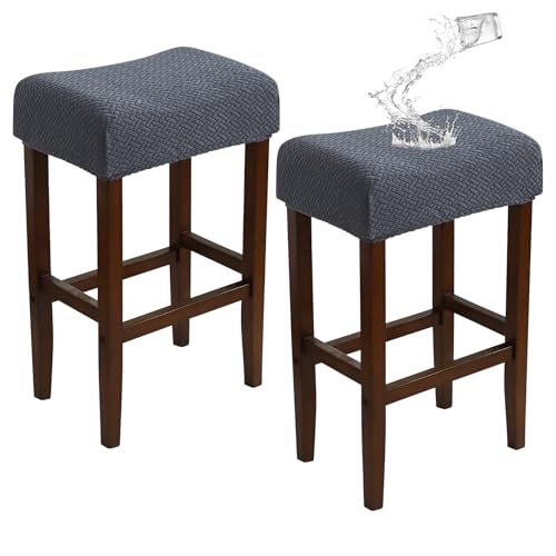 Image of Waterproof Bar Stool Covers Set of 2 Rectangle Dark Grey Jacquard Stretchable Backless Barstool Seat Cover Counter Bar Stool Slipcovers Washable