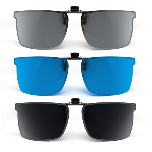 3pc Polarized Unisex Clip on Flip up Sunglasses over Prescription and Reading Glasses Frames Blue&Grey&Silver Color