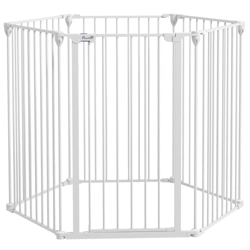 PawHut Cancellino per Cani Taglia Media e Grande Pieghevole con Doppia Chiusura di Sicurezza, Cancelletto di Sicurezza Modulabile in Metallo e Plastica, 123x102x100 cm, Bianco