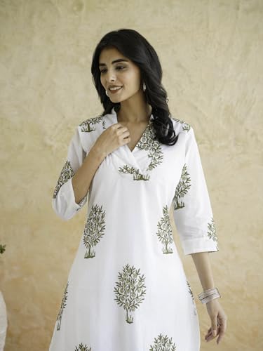 Image of GOODHAND Women Cotton Block Printed Kurta, Straight Fit Ethnic Kurti for Daily,Office & Casual Use
