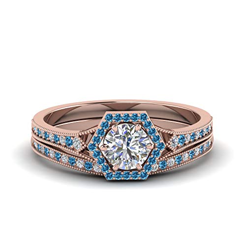 Image of Choose Your Gemstone Vintage Hexagon Halo Bridal Ring Set Rose Gold Plated Round Shape Wedding Ring Sets Matching Jewelry Wedding Jewelry Easy to Wear Gifts US Size 4 to 12