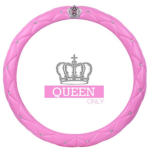 Ladies Car Steering Wheel Cover with Diamond Lattice Girly Classy Fashion Collection Car Steering Wheel Cover with Crown and Diamonds (Queen ONLY) (A - Pink)