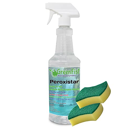 GreenFist PeroxiStar Hydrogen Peroxide All Purpose (Glass, Carpet,Stain Remover) Cleaner (1 Quart 32 oz with 2 Sponges)