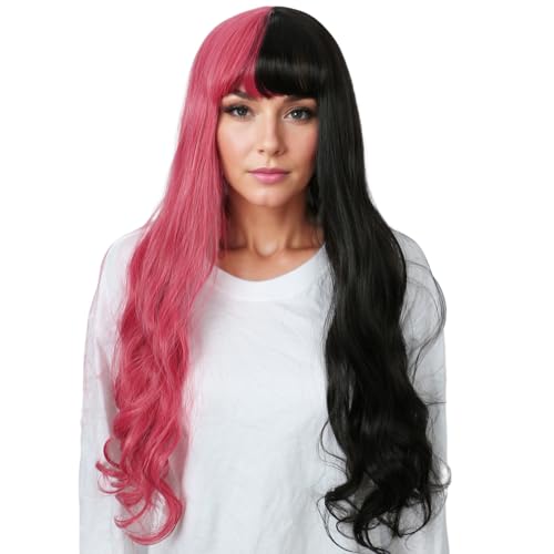 Linfairy 1 Pc Long Pink and Black Cosplay Wig Halloween Costume Wigs For Women