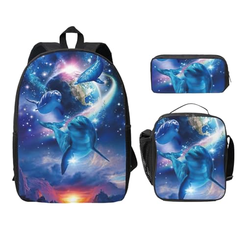 Sac à dos dauphins galaxie scolaire noir avec trousse repas et école