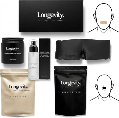 Longevity Sleep Kit Bundle – Silk Eye Mask, Sleep Mist (60ml), Magnesium Cream (100g), Mouth Tape (30) & Nasal Strips (30) – Night Routine Set for Relaxation & Improved Sleep
