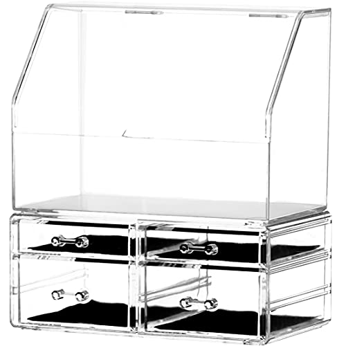 Cq acrylic Cosmetic Display Cases With LId Dustproof Waterproof for Bathroom Countertop Stackable Clear Makeup Organizer and Storage With 4 Drawers,Set of 2
