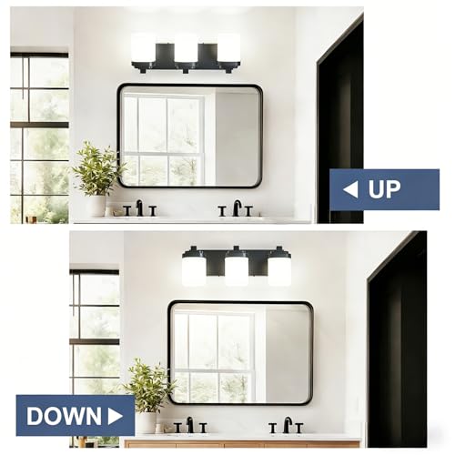 Image of 17 Inches Bathroom Vanity Light, 3-Light Black Bathroom Light Fixtures Over Mirror, Bathroom Light Shower Lamp with Milky White Square Glass Shade, Modern Farmhouse Lighting Fixtures