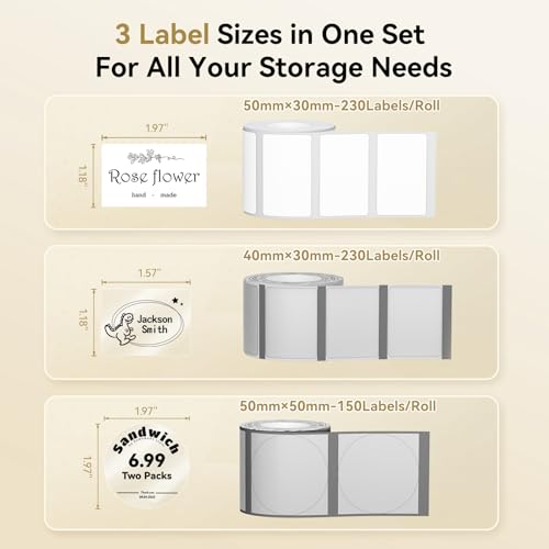 Image of NIIMBOT Thermal Label Tape 3 Rolls, Compatible with B1 B21 B31 Label Maker | Multi-Size Pack, 50x30mm White, 40x30mm Clear, 50x50mm Round | for Address, Jar, Gift, Logo & File Organization Stickers