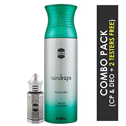 Ajmal Asher Concentrated Perfume Oil Oriental Alcohol-free Attar 12ml for Unisex and Raindrops Femme Deodorant Floral Chypre Fragrance 200ml for Women + 2 Parfum Testers FREE - Image 2